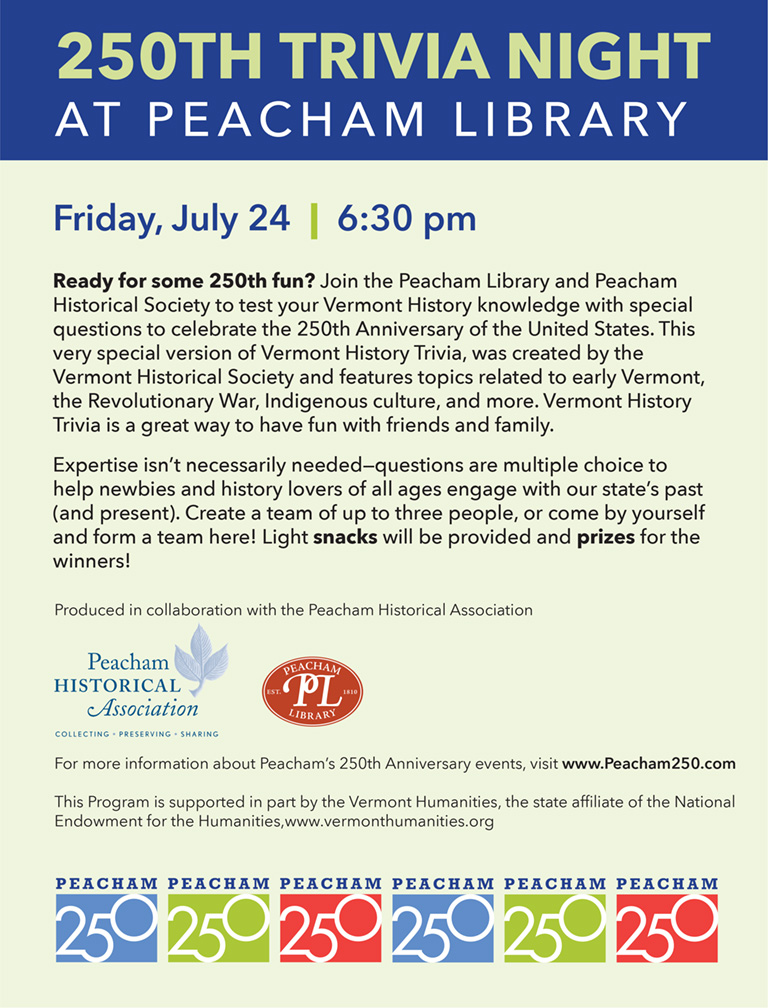Peacham 250 Trivia Night at Peacham Library - Summer Series 2026 Peacham Historical Association and Peacham Library Summer Series 2026